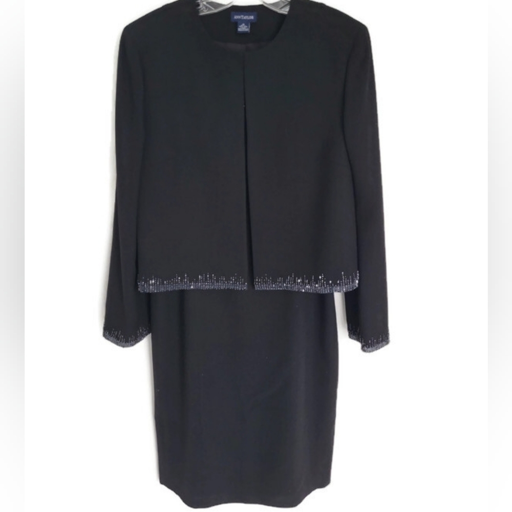 Ann Taylor 2 piece Dress & Jacket Beaded Midnight Blue, Sz 12